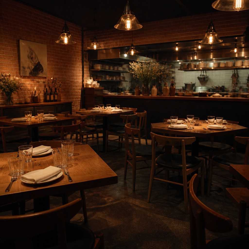Cinematic restaurant dining room before service